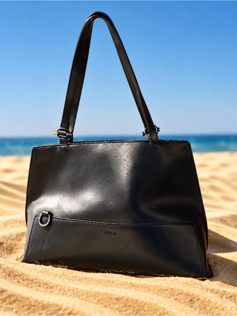 Furla Black Leather Shoulder Bag with Front Pocket